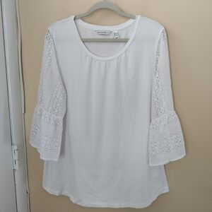 Isaac Mizrahi Live L Cotton Blend White Eyelet Bell Sleeve Blouse Chic Western